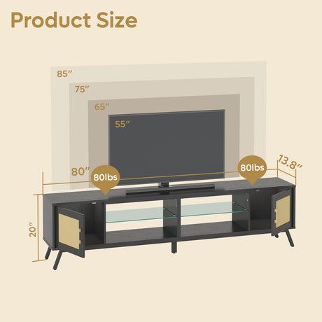 Bestier 80 Inch Black Rattan TV Stand with Storage for 85 Inch TV, 4-in-1 Mid Century Modern Entertainment Center with LED Lights, Doors and Adjustable Glass Shelves for Living Room Bestier