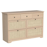 Brafab Mid-Century Natural Rattan Dresser with 7 Drawers, Elegant Cane Dresser for Bedroom Wooden, Modern Boho Long Dressers Drawer Dresser TV Stand with Sturdy Stand for Living Room, Nursery Brafab