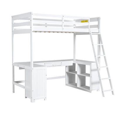 Harper & Bright Designs White Twin Size Loft Bed with U-Shaped Desk, Drawers, and Storage Shelves - WoodArtSupply