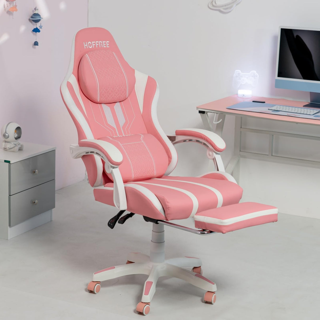 HOFFREE Pink Gaming Chair Massage with Speakers Bluetooth Cute Video Game Chair with Footrest Big and Tall Reclining Computer Game Chair for Girls HOFFREE