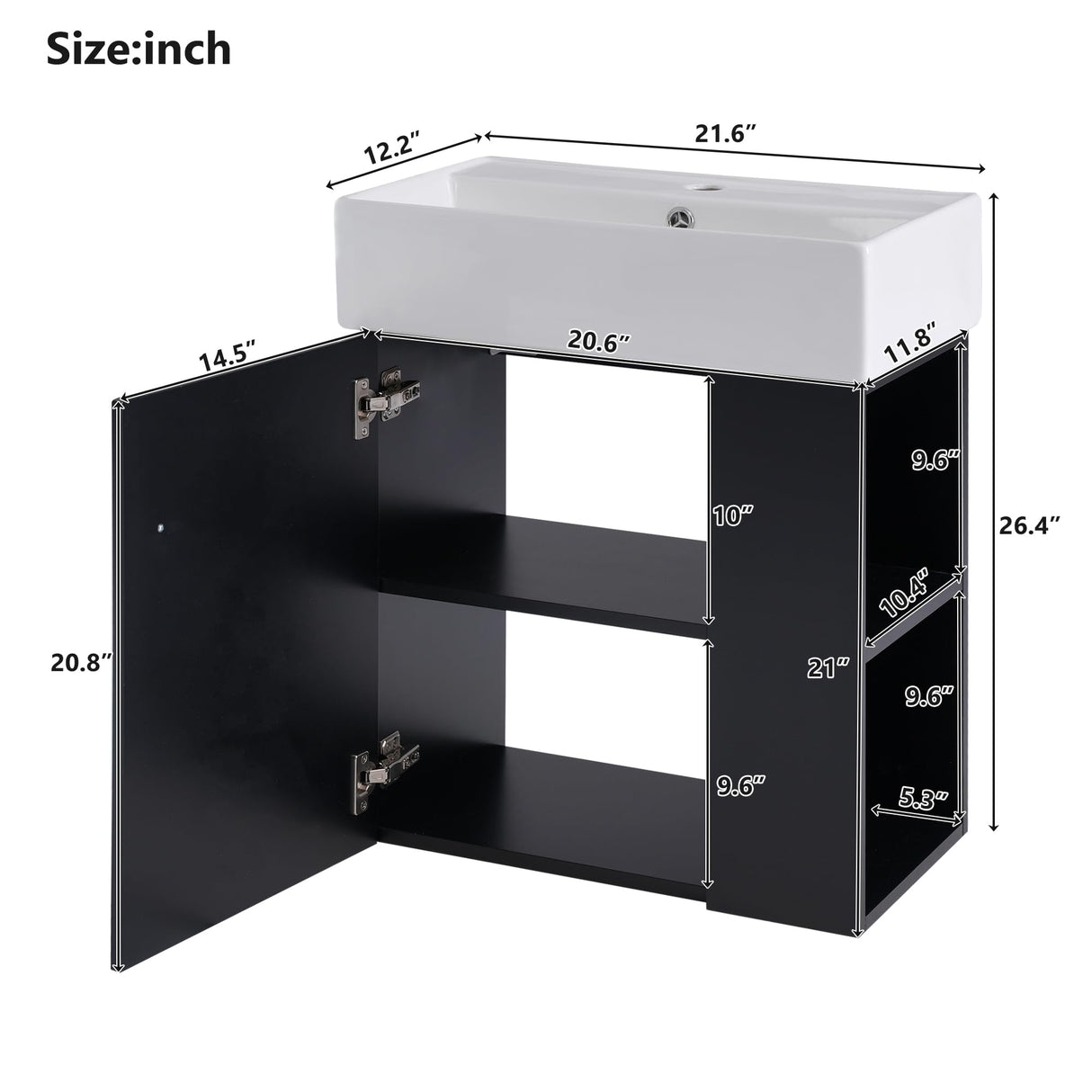 Merax 20" Bathroom Vanities with Sink Top, Wall Mounted Floating Sink Cabinet, Bathroom Cabinet with Doors & Side Storage, Soft-Close System, Black Merax