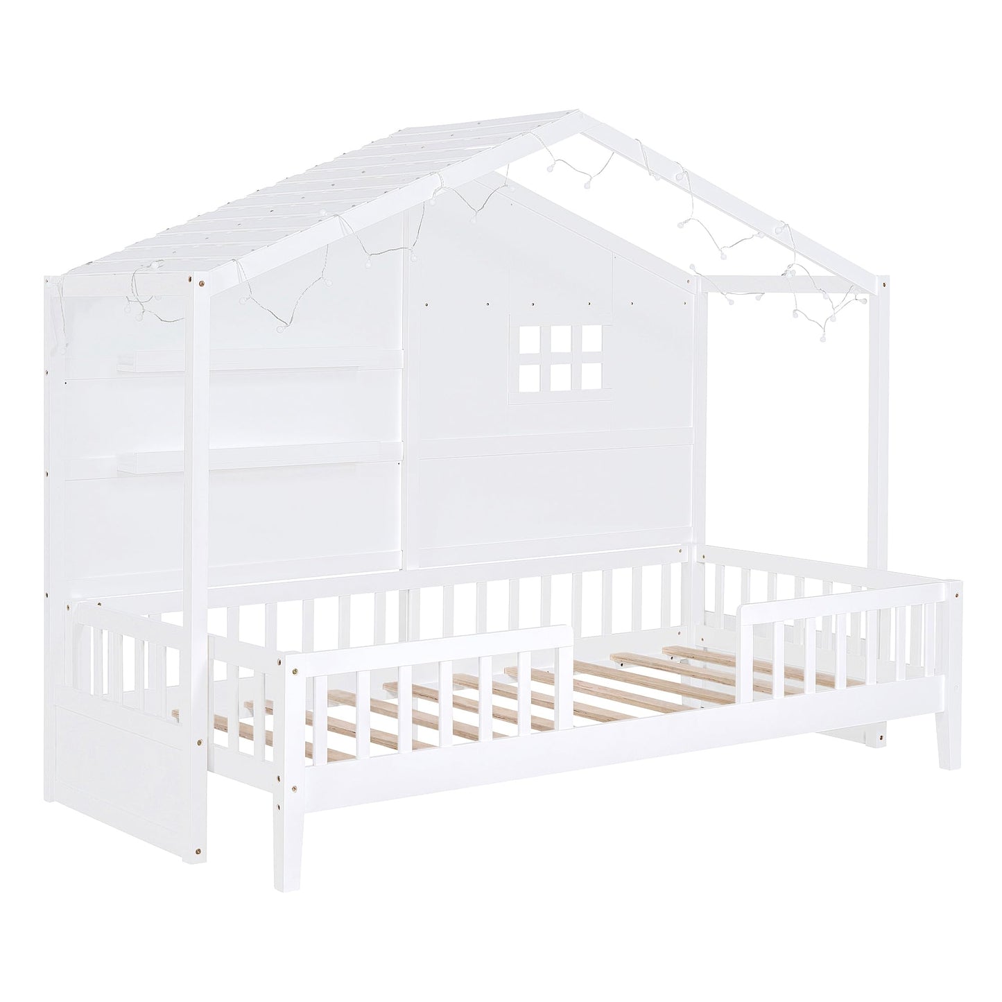 SOFTSEA Twin Size Low Loft House Bed with Shelves and Sparkling Light Stripe - WoodArtSupply