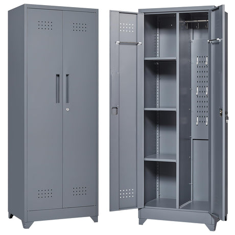 STEELIST Metal Storage Cabinet with Doors, Tall Storage Cabinet, 65" H Steel Tool Cabinet for Brooms and Mops, Metal Locker with Pegboards and Hanging Rod for Garages, Laundry, Gym STEELIST