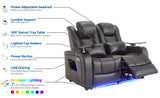 Home Theater Seating LoveSeat with Lighting Armrest, Game Movie Theater Chairs Theater Recliner Sofa with 7 Colors Ambient Lighting, Lumbar Pillow, Side Pocket, Tray Table, Power Recline, Black Airadlis