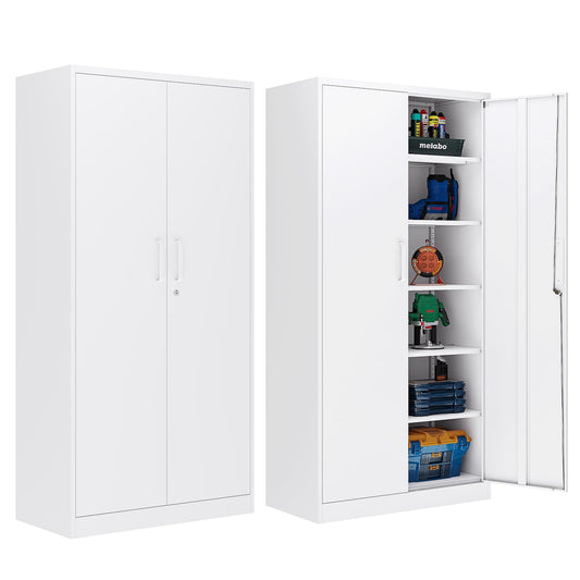 ZAOUS Garage Storage Cabinet, 72'' Tall Metal Storage Cabinets with Lock and 5 Adjustable Shelves for Home, Office, Warehouse, White