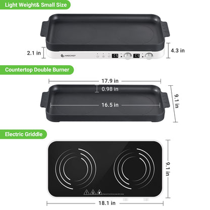 AMZCHEF Double Induction Cooktop with Removable Iron Cast Griddle Pan Non-stick, 1800W 2 burner Portable Induction Stove With Sensor Touch 9 Power Levels, 99 Min Timer, White