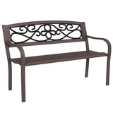 Outsunny 50" Outdoor Bench, Metal Garden Bench with Floral Pattern Backrest, Porch Bench with Slatted Seat for Park, Yard, Lawn, Brown Outsunny