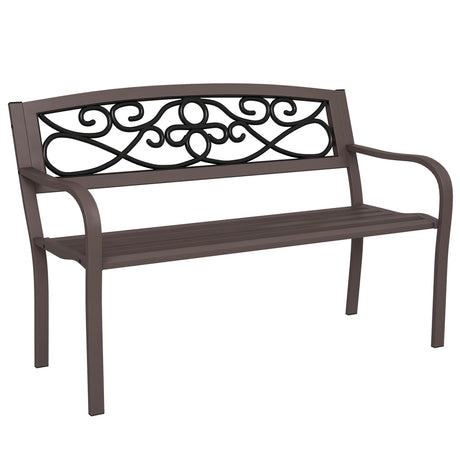 Outsunny 50" Outdoor Bench, Metal Garden Bench with Floral Pattern Backrest, Porch Bench with Slatted Seat for Park, Yard, Lawn, Brown Outsunny