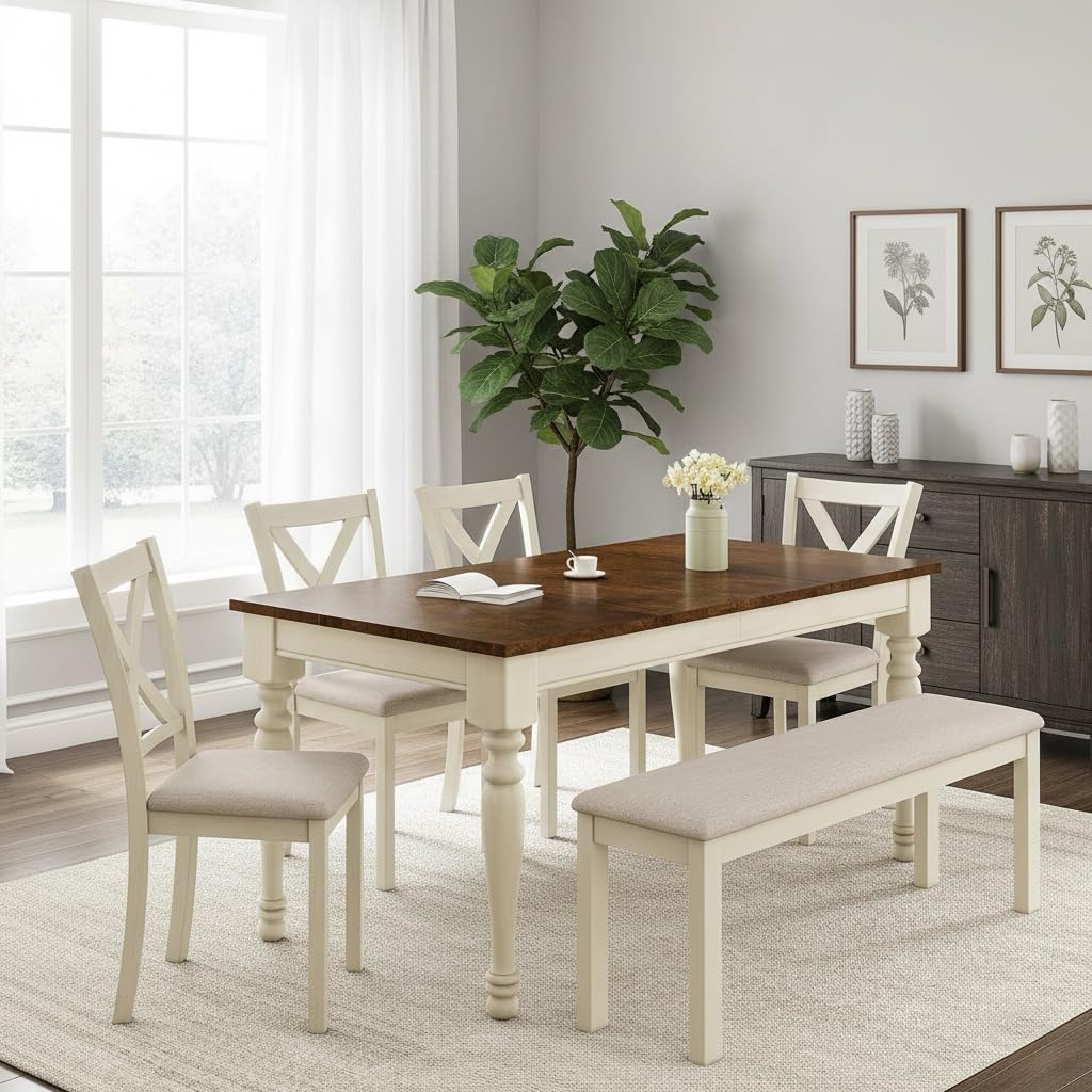 PLAUIN 6-Piece Farmhouse Dining Table Set - Solid Wood Table, 4 Chairs & Bench, Ergonomic, 71" Solid Wood Table, Table & Chair Sets for Dining Room, Kitchen, Living Room, Office PLAUIN