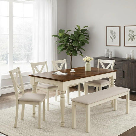 PLAUIN 6-Piece Farmhouse Dining Table Set - Solid Wood Table, 4 Chairs & Bench, Ergonomic, 71" Solid Wood Table, Table & Chair Sets for Dining Room, Kitchen, Living Room, Office PLAUIN