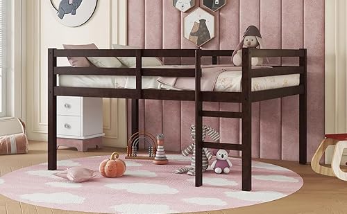 Full Loft Bed with Ladder,Rubber Wood Kids Bed with Guardrails,Low-Profile Lofts for Children’s Room,Space-Saving Underbed Storage,Sturdy Construction,Minimalist Design for Bedroom, Espresso GDFStudio