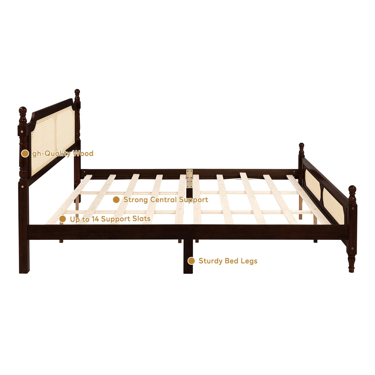 Pine Wood Bed Frame with Rattan Headboard, King Size - Modern Farmhouse Platform Bed, Sturdy Wooden Slat Support, No Box Spring Needed, Easy Assembly, Espresso SSFEG