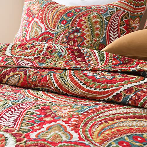 ENASAL Cotton Bedspread Quilt Sets, Reversible Bedding Coverlet Sets Comforter, Floral Paisley Bedspread (Red, King Size) ENASAL