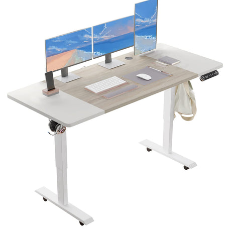 BUNOEM Height Adjustable Electric Standing Desk, 55X24 Height Stand Up Computer Desk,Sit and Stand Home Office Desk with Splice Board (White+Oak Top, White Frame) BUNOEM