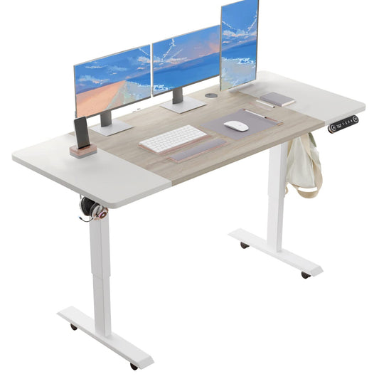 BUNOEM Height Adjustable Electric Standing Desk, 55X24 Height Stand Up Computer Desk,Sit and Stand Home Office Desk with Splice Board (White+Oak Top, White Frame) - WoodArtSupply