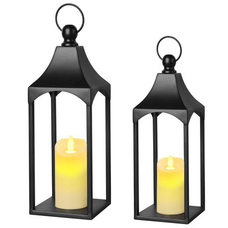 Eufrozy Lanterns Decorative Outdoor Indoor Set of 2 Black Metal Candle Lanterns with Flameless Candle, Modern Farmhouse Lantern Decor for Porch Patio Fireplace Mantle Kitchen Table Christmas Gifts Eufrozy