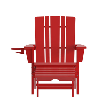 Flash Furniture Halifax Poly Resin Adirondack Chair with Cup Holder and Pull Out Ottoman, All-Weather Poly Resin Indoor/Outdoor Lounge Chair, Red