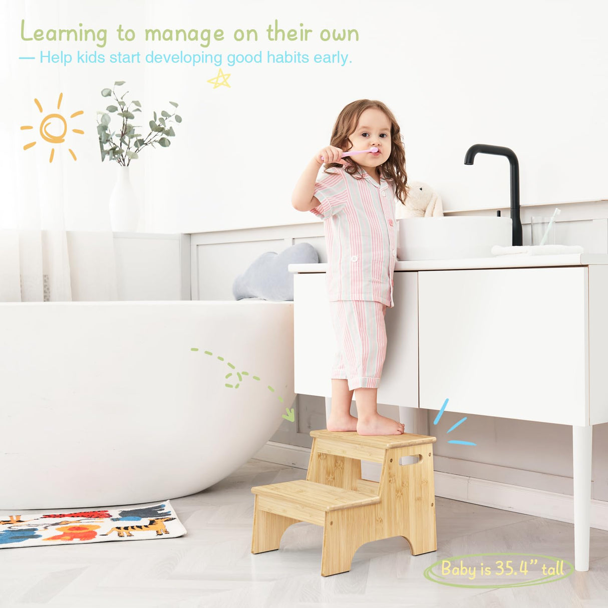 Forbena Wooden 2 Step Stool for Toddlers, Heavy Duty Kids Step Stool for Bathroom Sink Kitchen Counter, Bamboo Wood Non-Slip Kid Children Potty Stepping Stool Seat with Handles for Toilet Bed Forbena