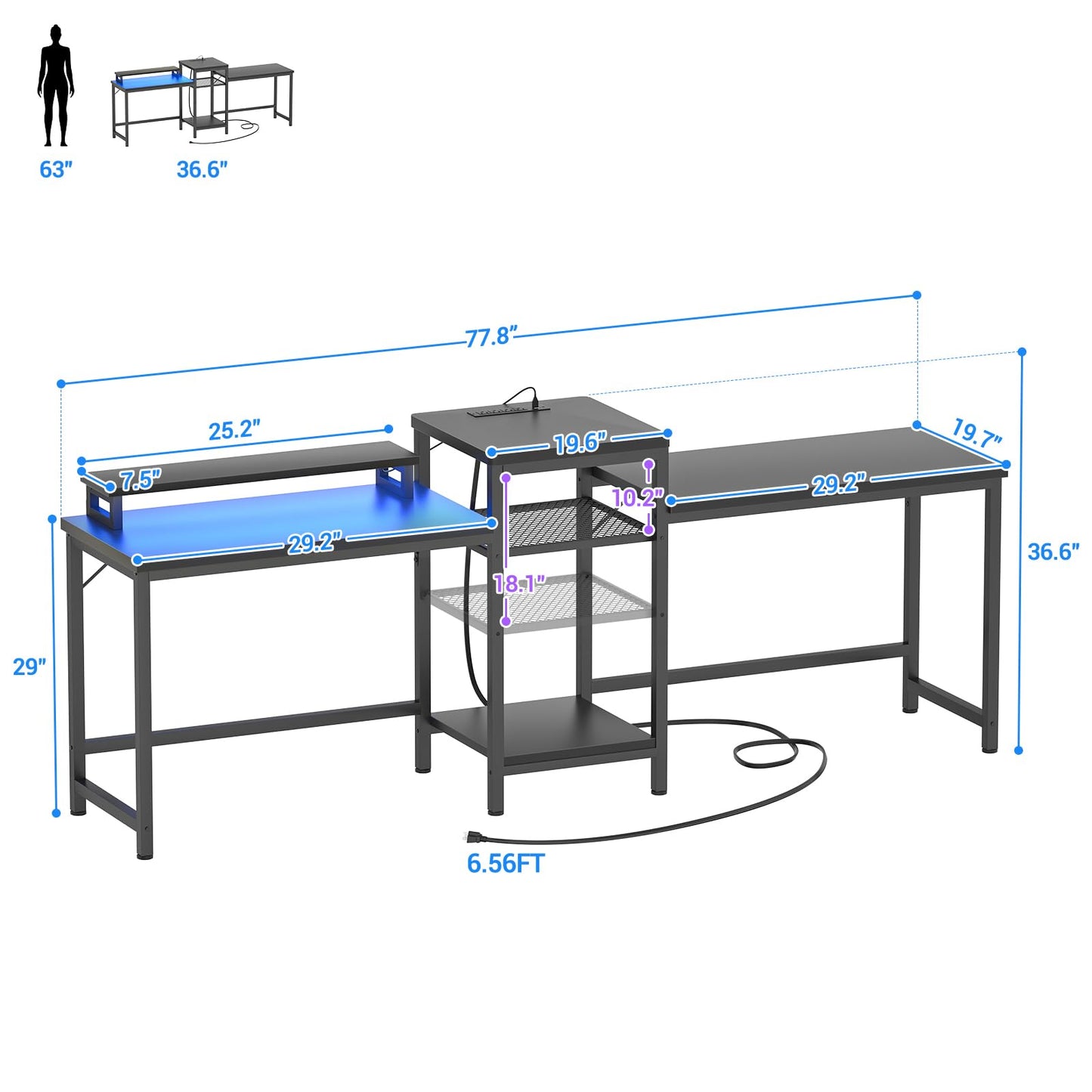 Unikito 2 Person Computer Desk with LED Light and Power Outlet, Double Gaming Desk, Large Workstation with Storage and Printer Stand, Long Desk, Office Work Desk with Shelf, Writing Study Tab - WoodArtSupply