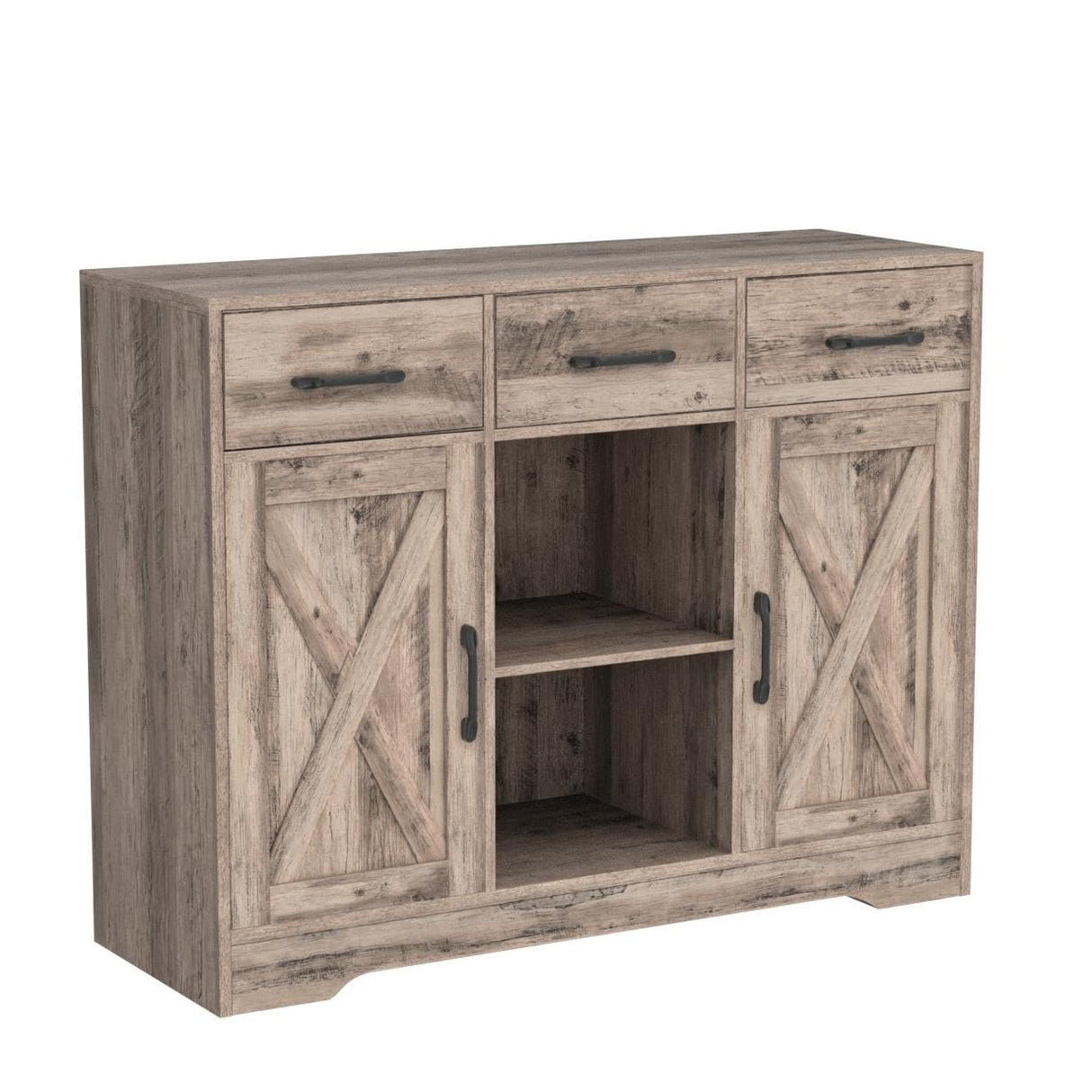 HOSTACK Modern Farmhouse Buffet Storage Cabinet, Barn Doors Wood Sideboard with Drawers and Shelves For Coffee Bar, Kitchen, Dining Room, Living Room, Ash Grey HOSTACK