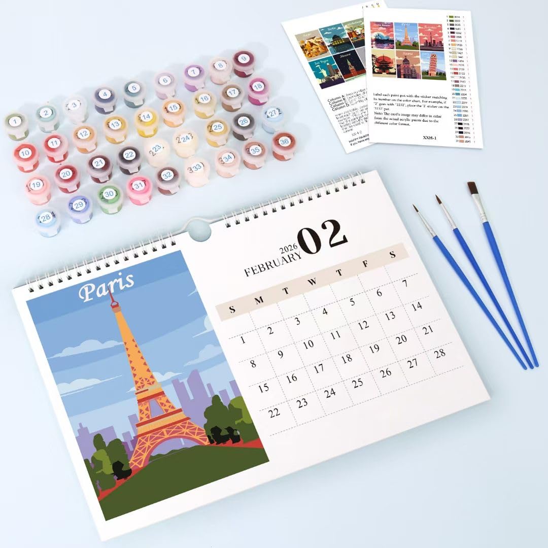 DIY Paint by Numbers Calendar 2026 Wall Calendar 12 Cities Paints with Number for Gift & Decor Generic