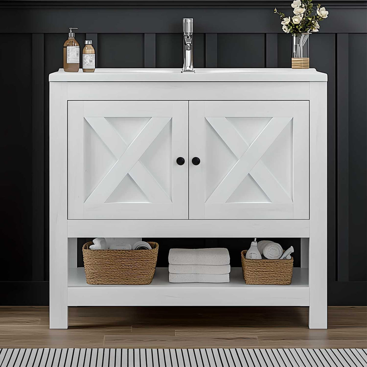 4ever2buy Farmhouse Bathroom Vanity with Sink, 35 Inch Bathroom Vanity Cabinet, Freestanding Vanity, 2 Doors and Open Shelf, Bathroom Cabinet with Ceramic Sink, White 4ever2buy