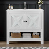 4ever2buy Farmhouse Bathroom Vanity with Sink, 35 Inch Bathroom Vanity Cabinet, Freestanding Vanity, 2 Doors and Open Shelf, Bathroom Cabinet with Ceramic Sink, White 4ever2buy