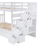 Twin over Full Bunk Bed with Trundle, Wood Bunk Bed with Storage Cabinet and Drawers, Convertible Bunk Beds Twin over Full Size Split into 3 Beds for Kids, Teens, Adults, Noise-reduced, White Harper & Bright Designs