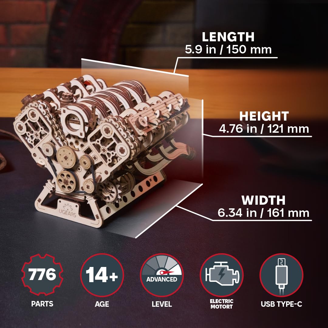 UGEARS V8 Engine Model Kit - Advanced 3D Wooden Puzzles for Adults - DIY Kits Gifts for Engineers - 3D Puzzle Model Engine Kit for Adults for Father's Day, Birthdays, Christmas - 776 Pcs UGEARS