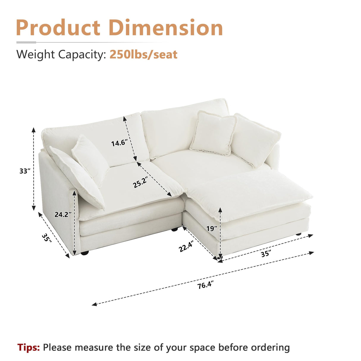 mikibama Modular Sectional Sofa, 76.4 Inch L Shaped Couch Set for Living Room, Loveseat Comfy Cloud Couches with Movable Ottoman, DIY Combination, Chenille, Beige mikibama