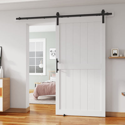 ALAMEDADT 42''x84'' Sliding Barn Door with 7 Ft Barn Door Hardware Kit& Handle& Floor Guides,Pre-Drilled Holes Easy Assembly - Include Installation Manual, Water-Proof PVC Surface, H-Frame, White