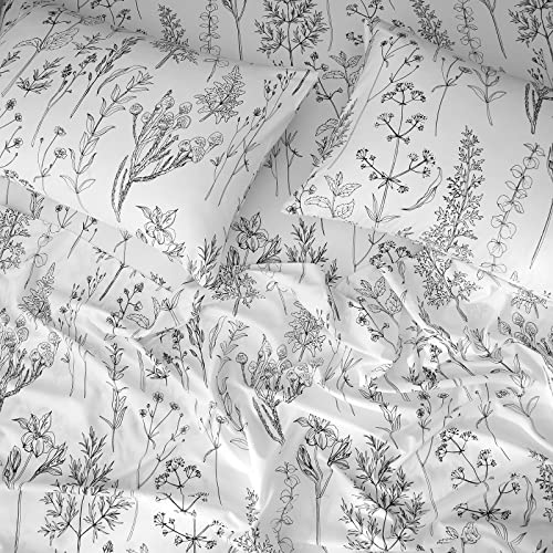 HYPREST Floral Sheets Twin Size,18 inches Deep Pocket Sheets, 1800 Thread Count Black and White Leaf Floral Bed Sheets Soft Breathable Cute Aesthetic Shabby Chic Bed Sheets, Oeko-Tex Certificated. HYPREST