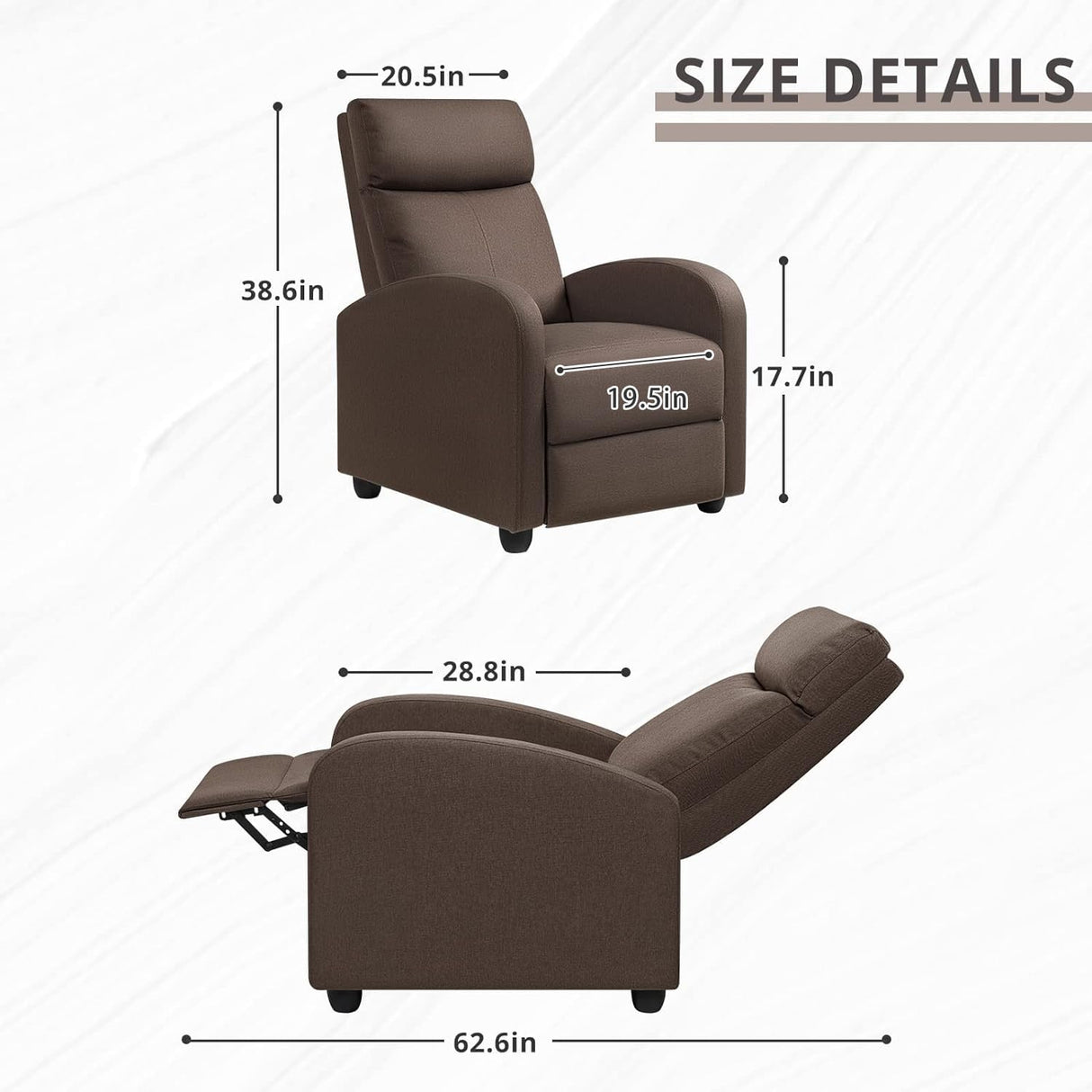 JUMMICO Recliner Chair Adjustable Home Theater Single Recliner Sofa Furniture with Thick Seat Cushion and Backrest Modern Living Room Recliners (Fabric, Brown) JUMMICO