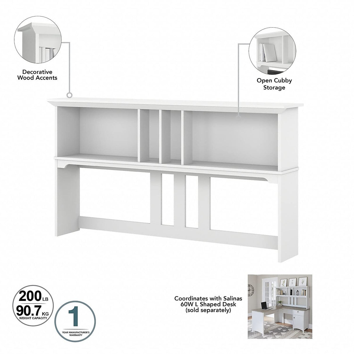 Bush Furniture Salinas L Shaped Desk with Hutch | Corner Table with Drawers and Storage for Home Office, 60W, Pure White and Shiplap Gray Bush Business Furniture