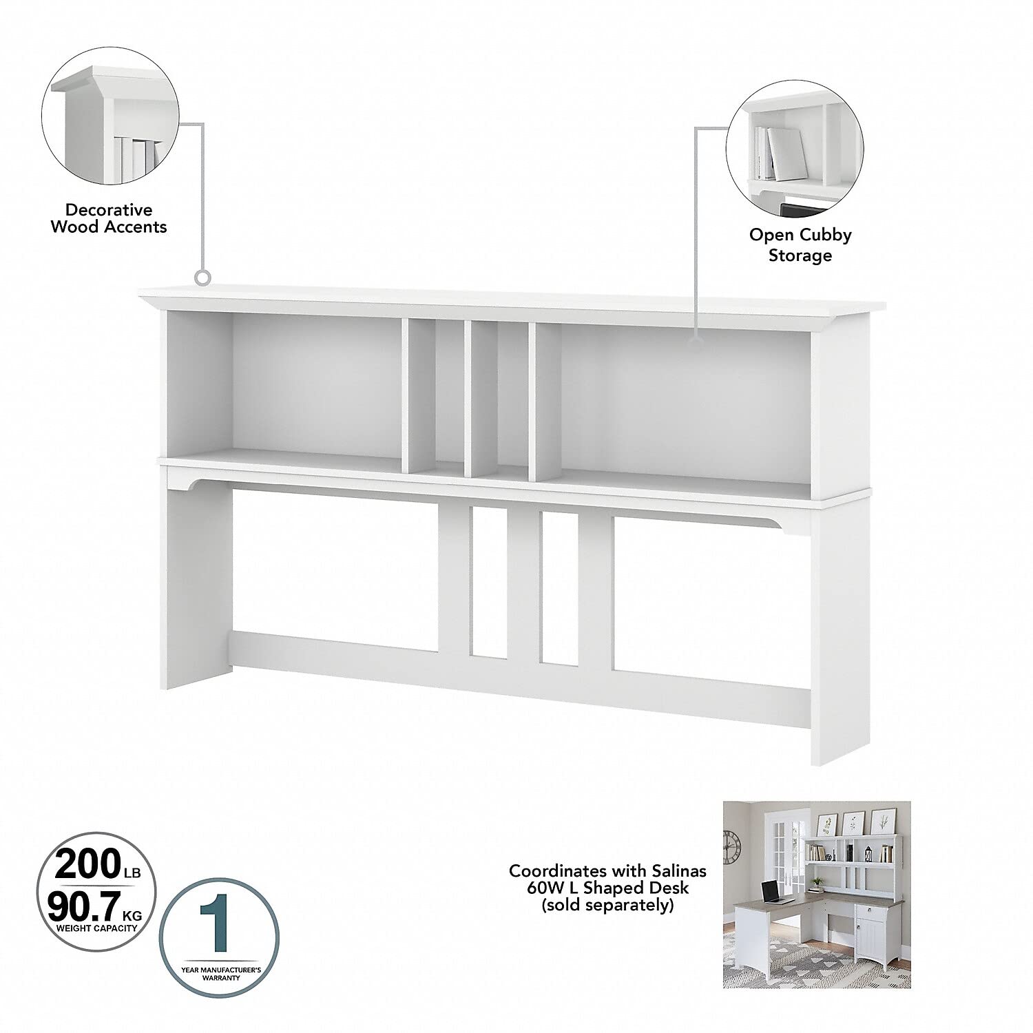 Bush Furniture Salinas L Shaped Desk with Hutch | Corner Table with Drawers and Storage for Home Office, 60W, Pure White and Shiplap Gray - WoodArtSupply