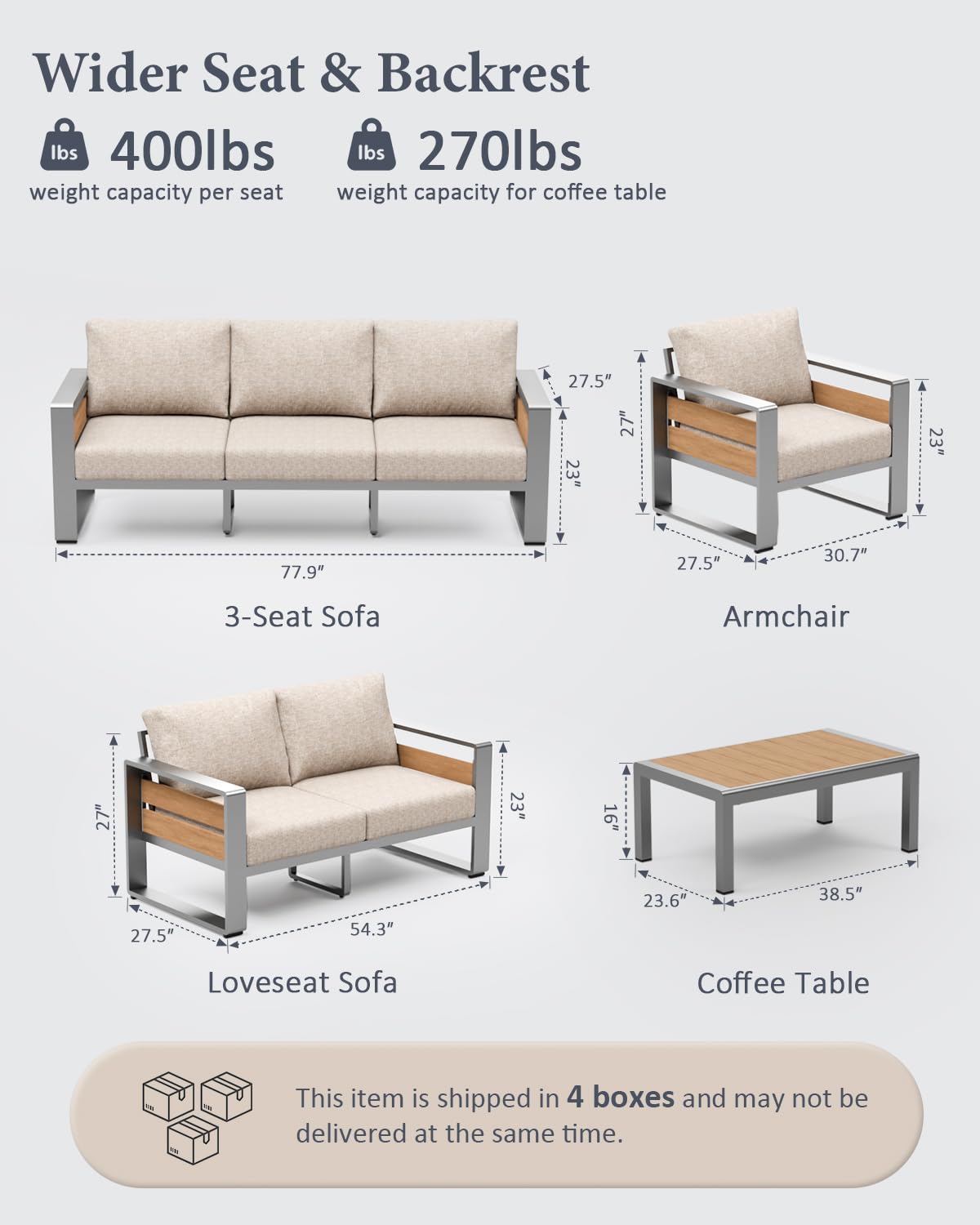 ZANDOR Aluminum Outdoor Patio Conversation Furniture Set, 5 PCS Metal Modern Outside Sectional Lawn Furniture with Coffee Table & Washable Thick Cushions,Seating Sofa for Garden/Backyard/Porch Silver ZANDOR