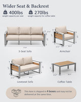 ZANDOR Aluminum Outdoor Patio Conversation Furniture Set, 5 PCS Metal Modern Outside Sectional Lawn Furniture with Coffee Table & Washable Thick Cushions,Seating Sofa for Garden/Backyard/Porch Silver ZANDOR