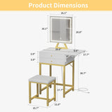 KAI-ROAD Small Makeup Vanity Desk with Lights - White Girls Vanity Set with Mirror and Chair, Make Up Dresser Table with Drawers and Power Outlet for Bedroom Small Space, Gold KAI-ROAD