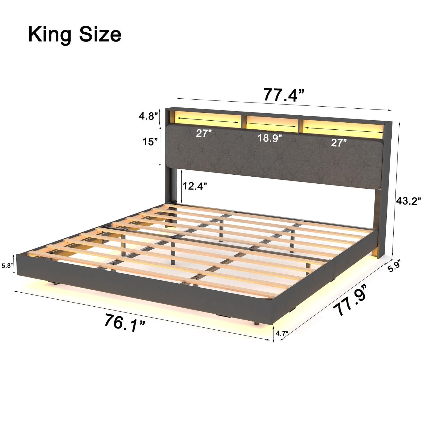 SAVOLIFE King Size LED Floating Bed Frame with Charging Station and Bookcase Headboard - Grey - WoodArtSupply