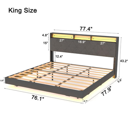 SAVOLIFE King Size LED Floating Bed Frame with Charging Station and Bookcase Headboard - Grey - WoodArtSupply