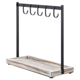 MyGift Black Metal Entryway Key Holder with 5 Hooks and Shabby Whitewashed Wood Base, Tabletop Necklace and Jewelry Organizer Rack with Ring Tray MyGift
