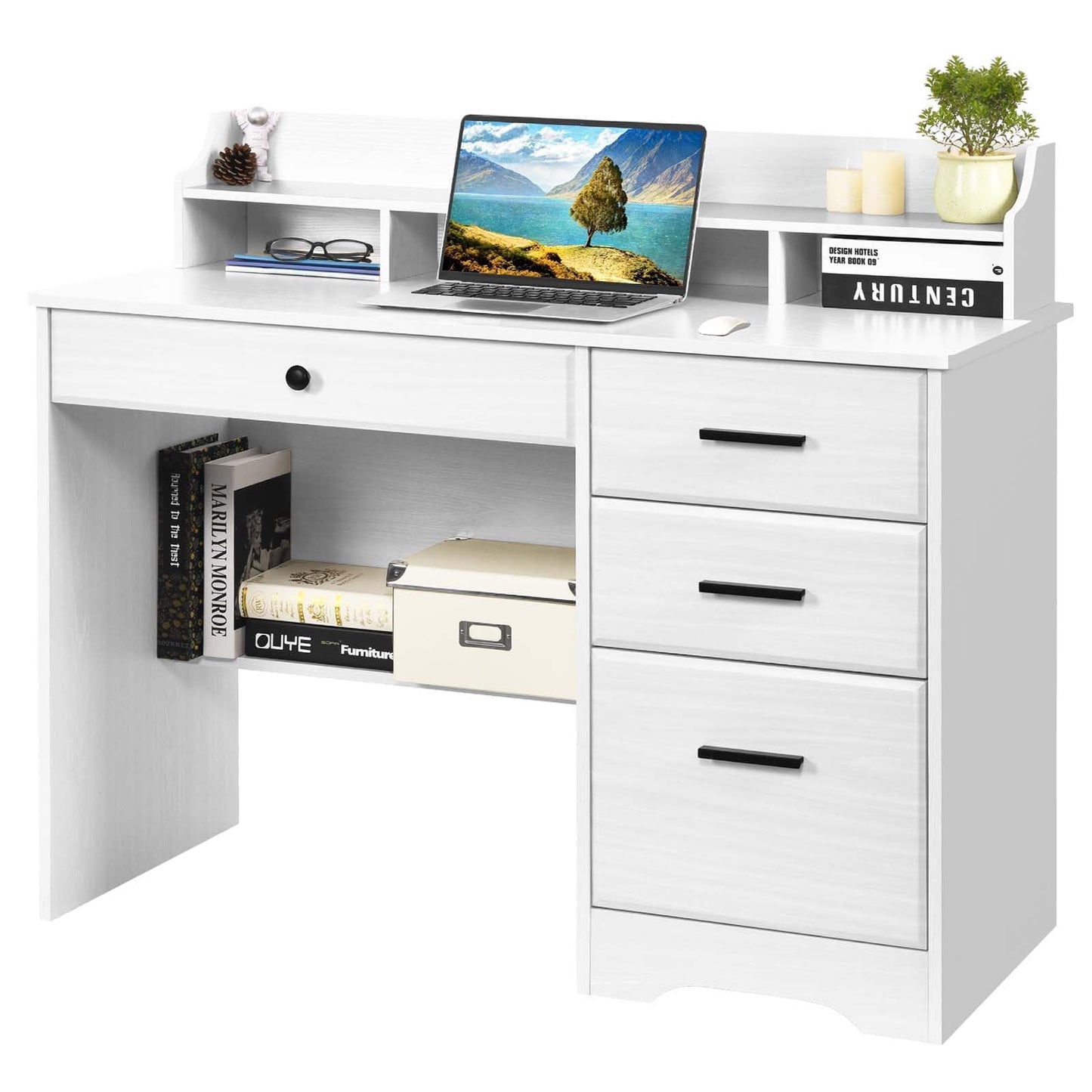 MaverickFurni White Desk with 4 Drawers, Computer Desk with Drawers and Hutch&Shelf, Wood Writing Home Office Workstation, Student Desks for Bedooms with Drawers, 38.2” H x20.5” D x44” W - Wh - WoodArtSupply