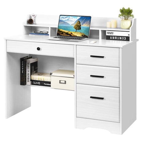 MaverickFurni White Desk with 4 Drawers, Computer Desk with Drawers and Hutch&Shelf, Wood Writing Home Office Workstation, Student Desks for Bedooms with Drawers, 38.2” H x20.5” D x44” W - White MaverickFurni