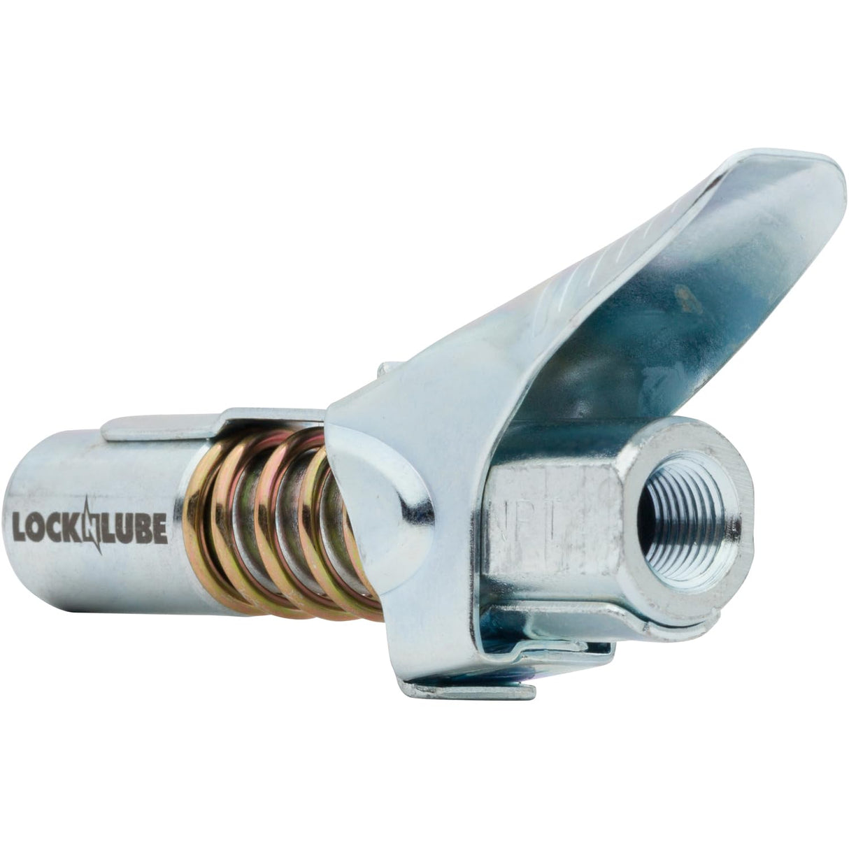 LockNLube Grease Gun Coupler locks onto Zerk fittings. Grease goes in, not on the machine. World's best-selling original locking grease coupler. Rated 10,000 PSI. Long-lasting rebuildable tool. LockNLube