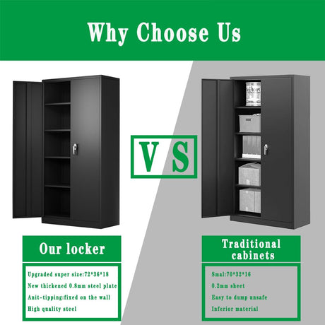 Anwick 72" Locking Metal Storage Cabinet,Tall Locker Organizer Steel Cabinets,Adjustable Layers Shelves 2 Doors for Anwick