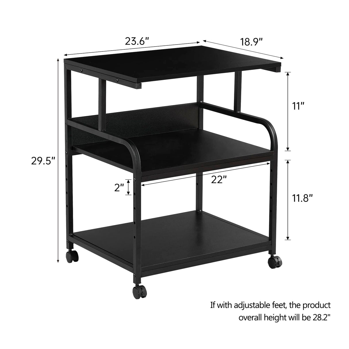 Fannova Printer Stand, 23.6 x18.9 x 29.5 Inches Large Printer Table with Adjustable Storage Shelf, 3 Tier Rolling Printer Cart with Wheels for Home Office, Stand for Heat Press Mini Fridge, Black Fannova