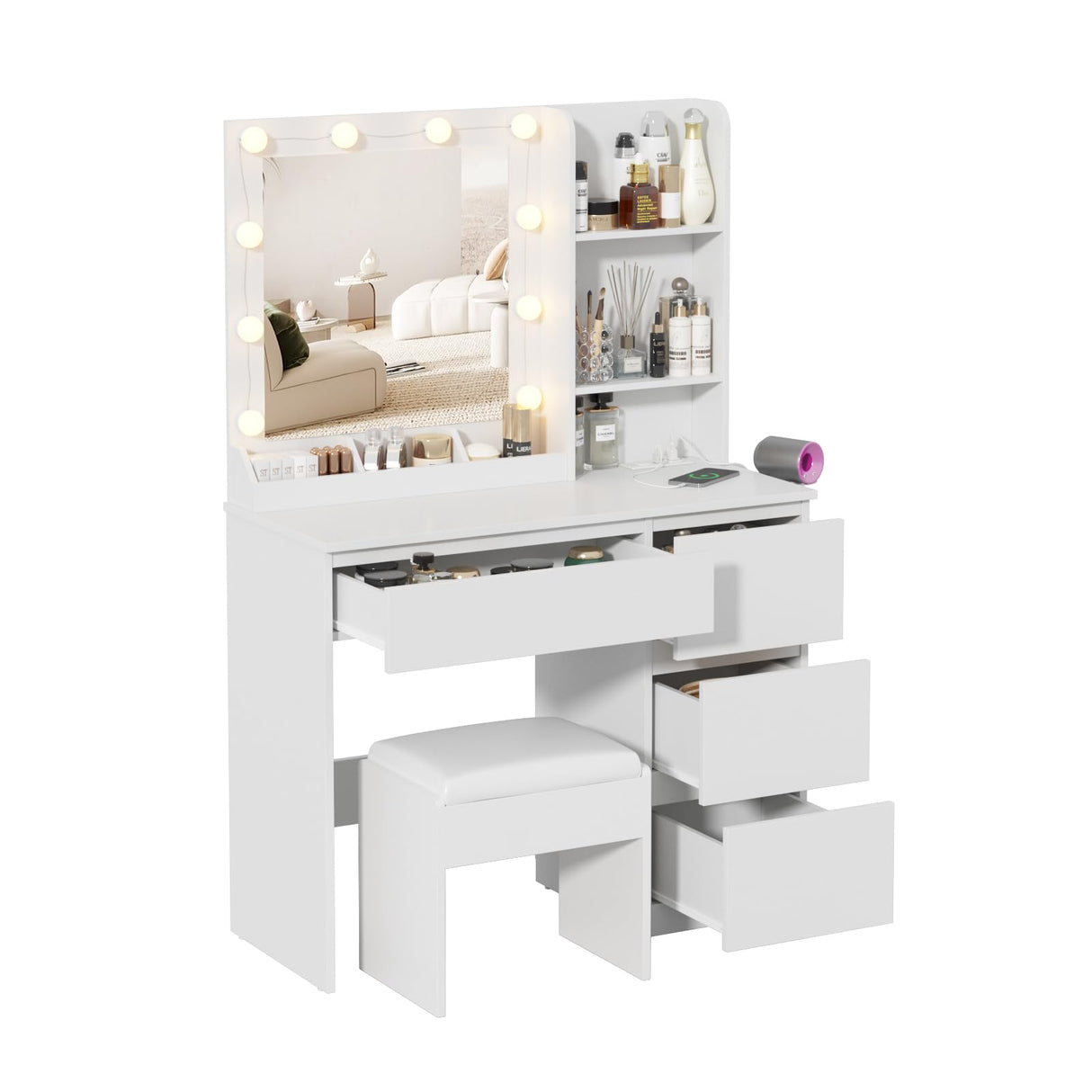 Vabches Vanity, Makeup Vanity Desk Set with Mirror & Light, Dressing Table Storage Lots with Power Strip, 3 Lighting Modes with Adjustable Brightness, 37 Inches (White) (White with Stool) Vabches