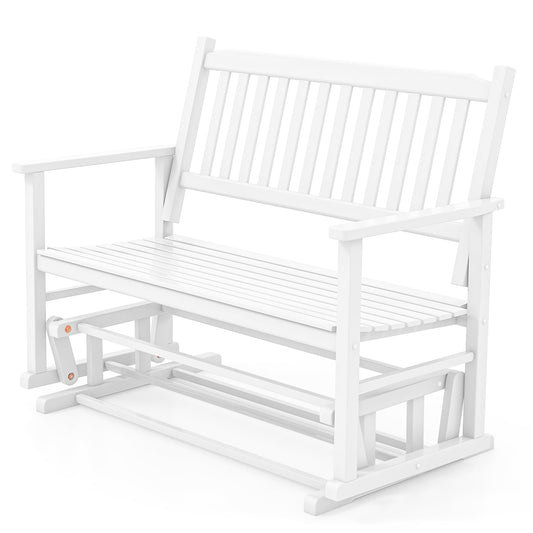 Giantex Outdoor Glider Bench Chair - 2 Person Loveseat, Porch Rocking Glider with Safe & Gentle Gliding, Solid Wood Frame, Slatted Seat, Curved Backrest, 500 Lbs Weight Capacity, Patio Glider (White)