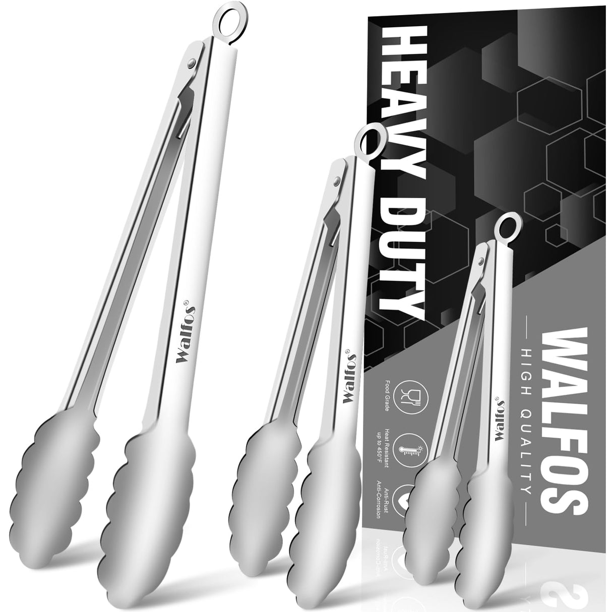Walfos Kitchen Tongs for Cooking, 600℉ Heat Resistant Stainless Steel Tongs, All Metal Heavy Duty Tongs For Food,BBQ Grilling - 7 ，9 and 12 Inch,Set of 3 Walfos