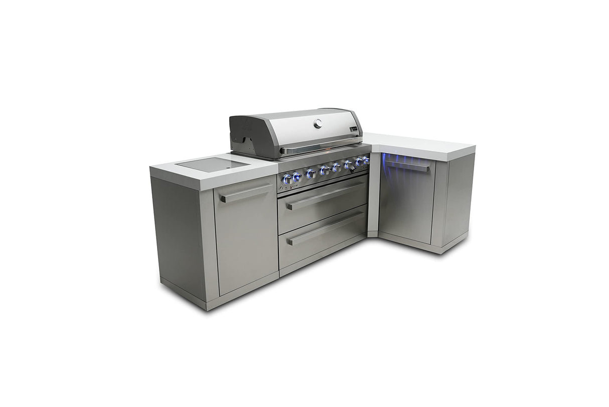 Mont Alpi MAi805-90 44-inch 6-Burner 115000 BTU 90 Degree Corner Stainless Steel Gas Outdoor Kitchen Bar Barbecue Island Grill + Infrared Side & Rear Burners + Granite Countertops + Storage Drawers Mont Alpi